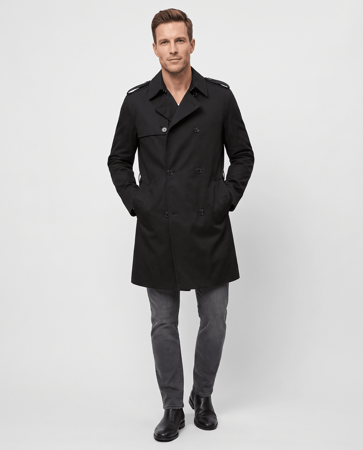 Double-Breasted Trench Coat for Men – Mid-Length, Notched Lapel & Adjustable Cuffs | Arden