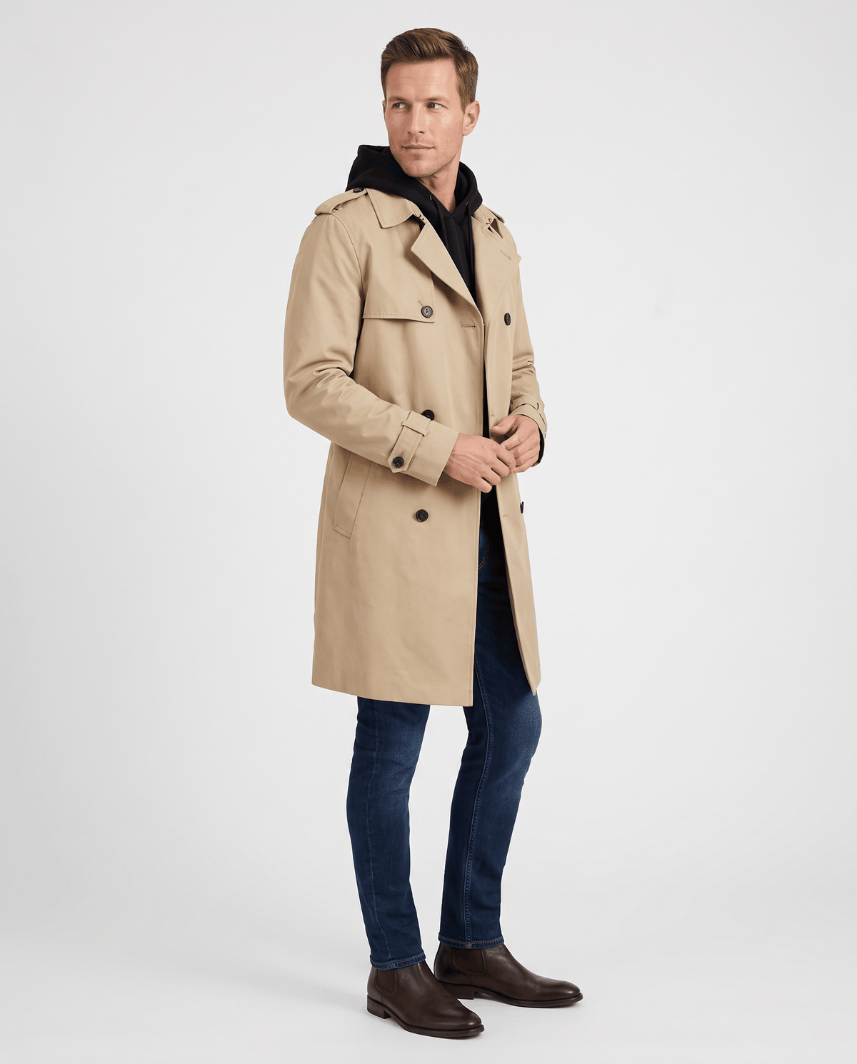 Double-Breasted Trench Coat for Men – Mid-Length, Notched Lapel & Adjustable Cuffs | Arden