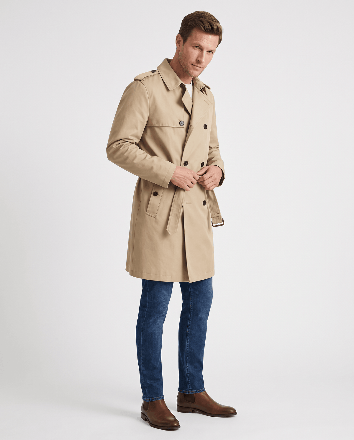 Double-Breasted Trench Coat for Men – Mid-Length, Notched Lapel & Adjustable Cuffs | Arden
