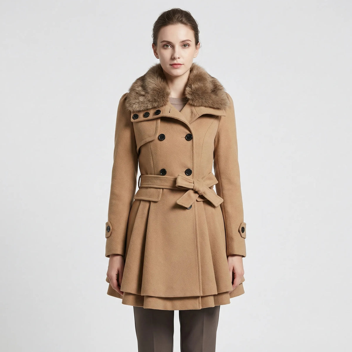 Women's Double-Breasted Belted Coat with Fur-Lined Collar