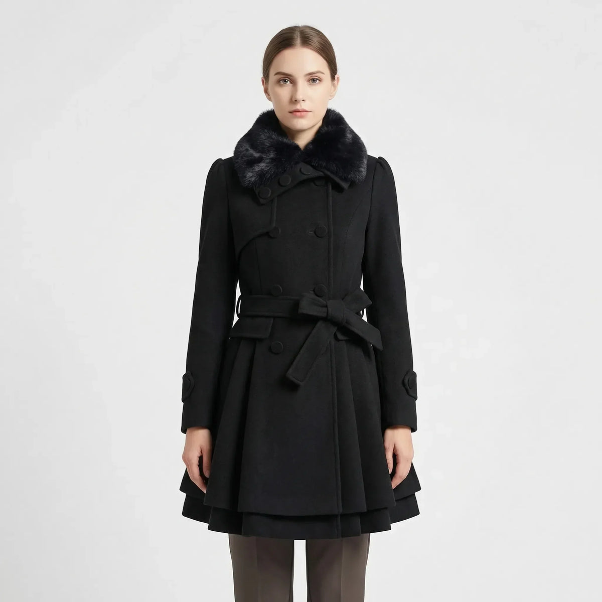 Women's Double-Breasted Belted Coat with Fur-Lined Collar