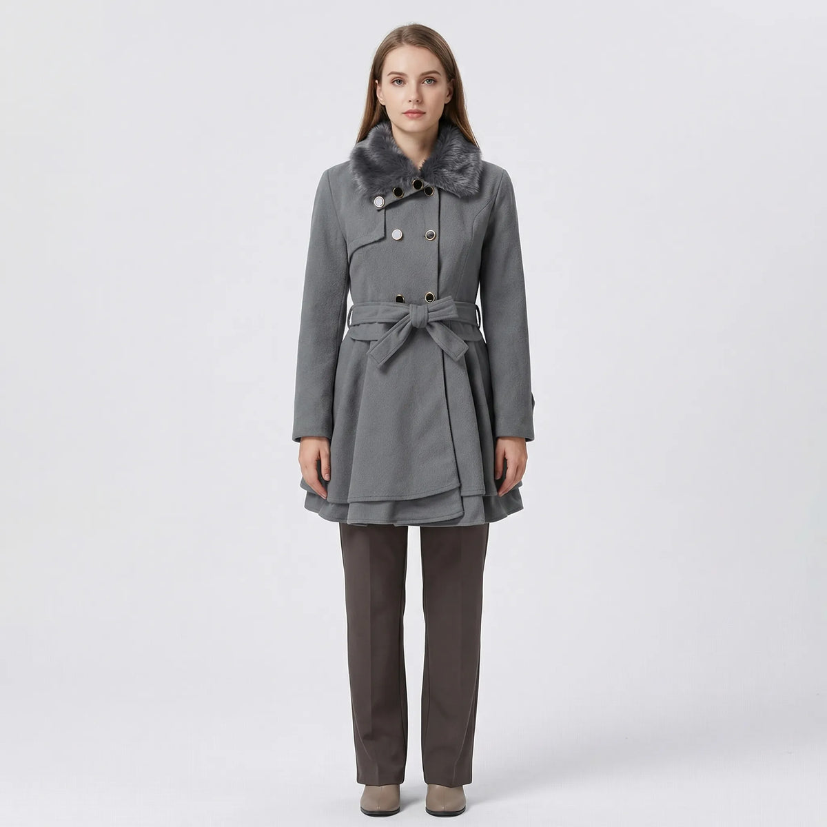 Women's Double-Breasted Belted Coat with Fur-Lined Collar
