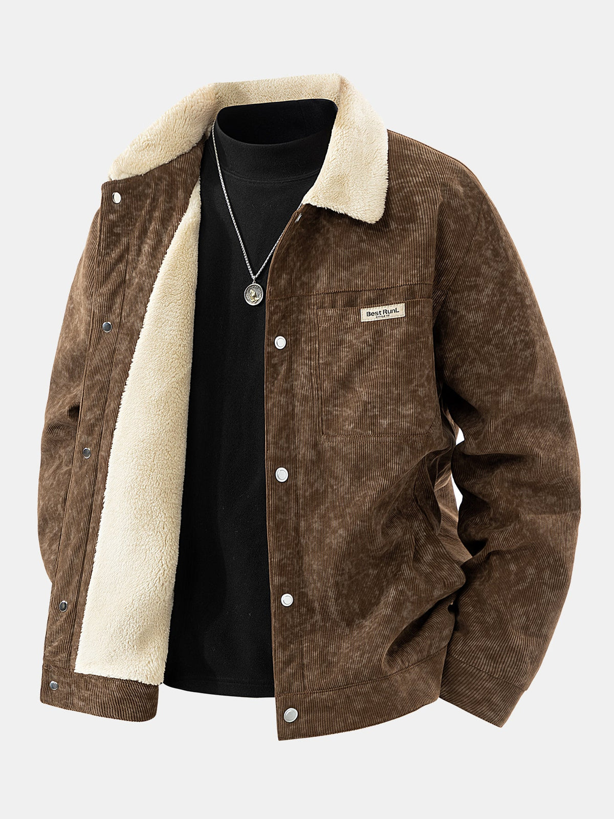 Men's Sherpa-Lined Corduroy Jacket – Warm Snap-Button Collared Outerwear with Pockets for Autumn and Winter
