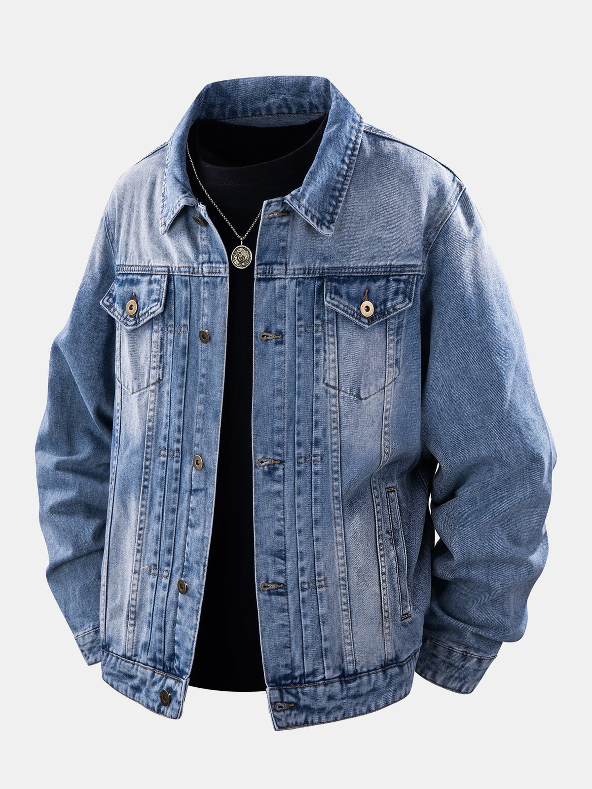 Men's Vintage Washed Denim Jacket – Classic Cotton Button-Up Outerwear with Chest Pockets and Casual Workwear Styling for Spring and Autumn
