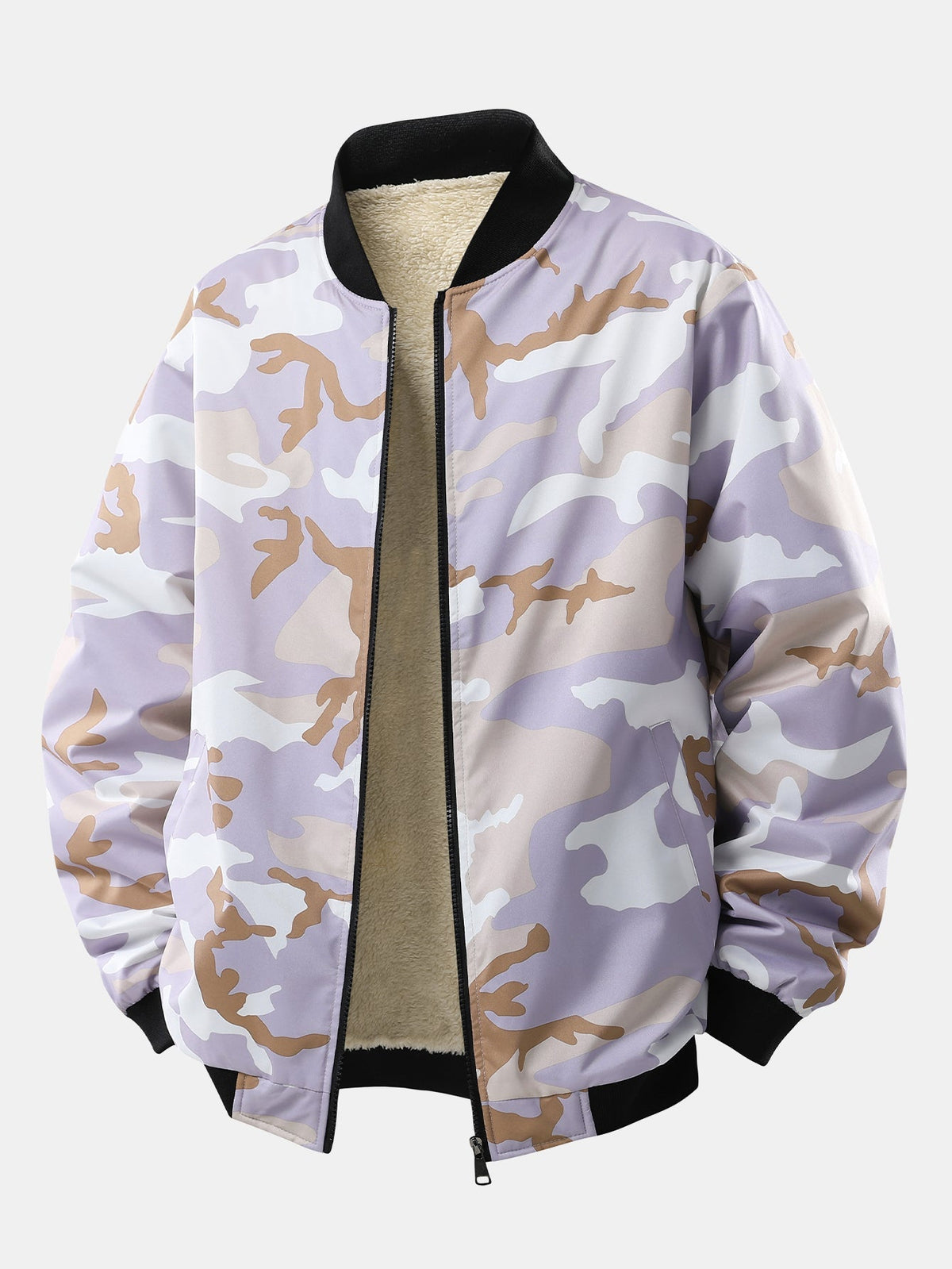 Men's Teddy-Lined Camouflage Bomber Jacket – Warm Zip-Up Winter Outerwear with Sherpa Fleece Lining and Ribbed Trims