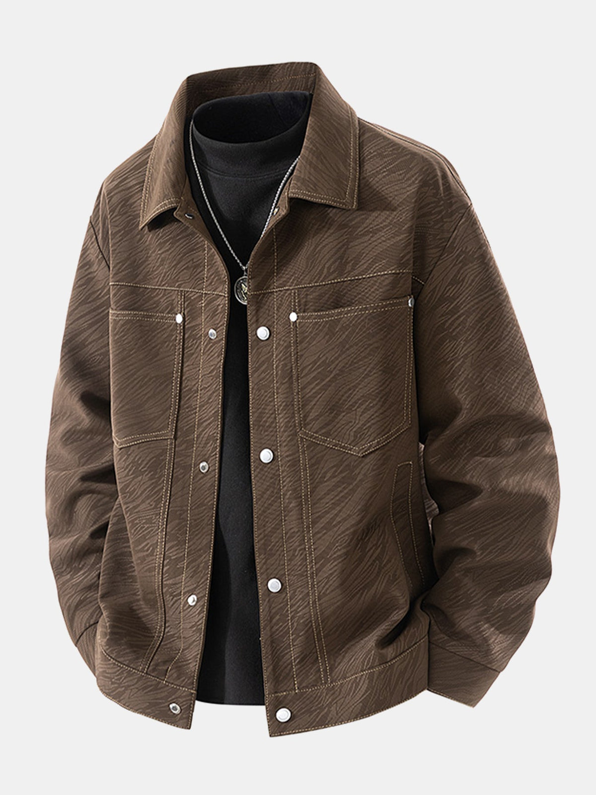 Men's Textured Utility Jacket – Vintage-Inspired Button-Up Casual Outerwear with Chest Pockets and Relaxed Workwear Styling for Spring and Autumn