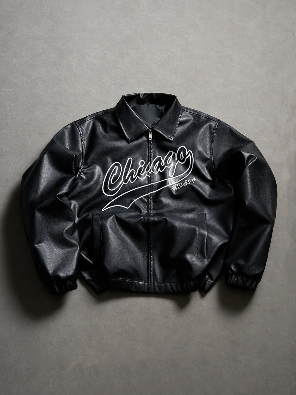 Men's Vintage-Inspired Faux Leather Bomber Jacket – Printed Zip-Up Collared Outerwear for Casual Streetwear