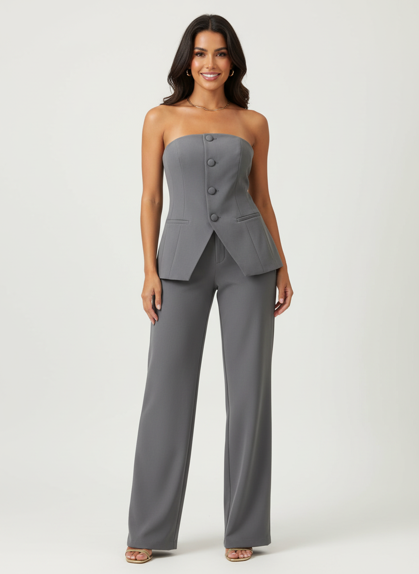 Women's Strapless Top & Wide Leg Trousers Set