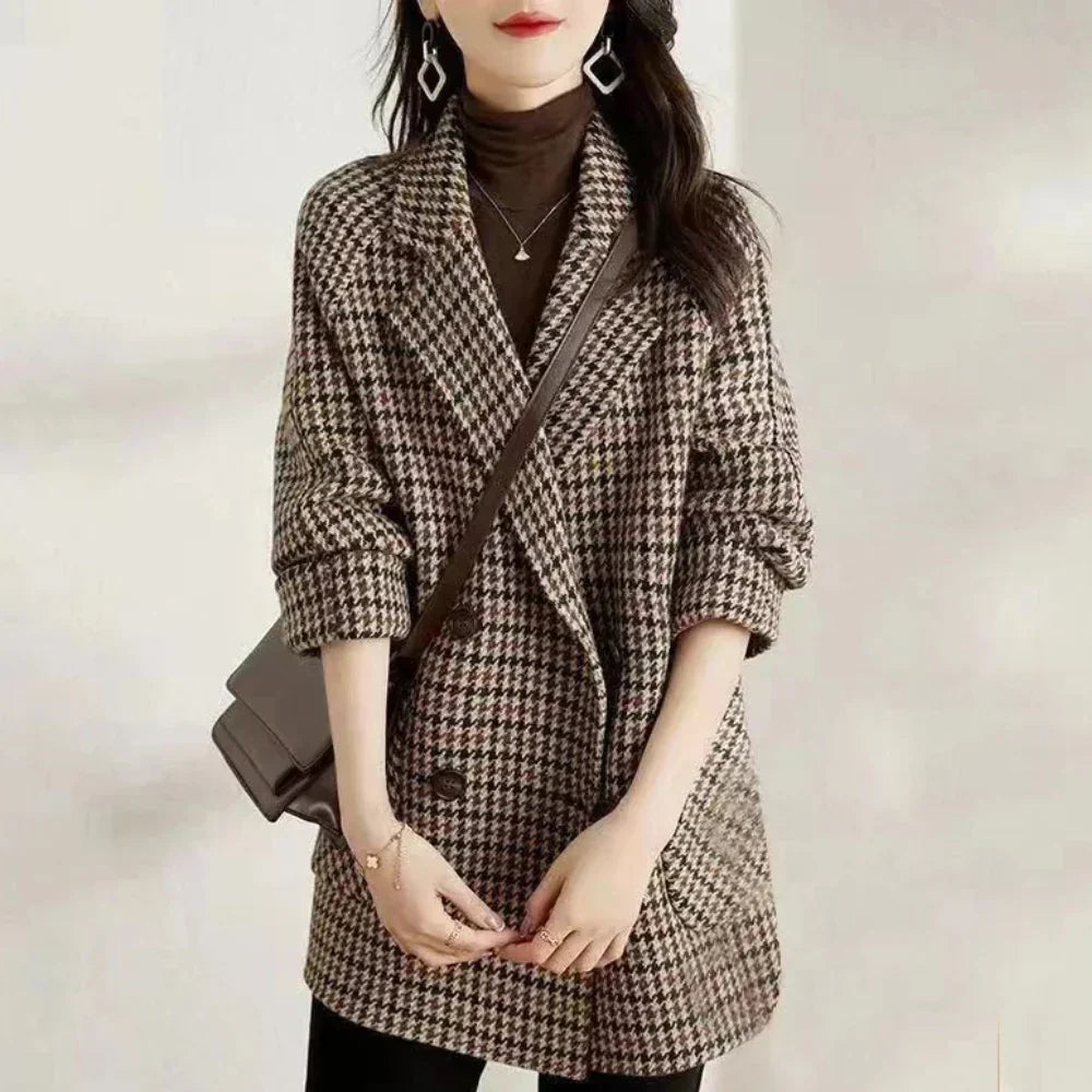 Women's Houndstooth Double-Breasted Blazer Hip-Length