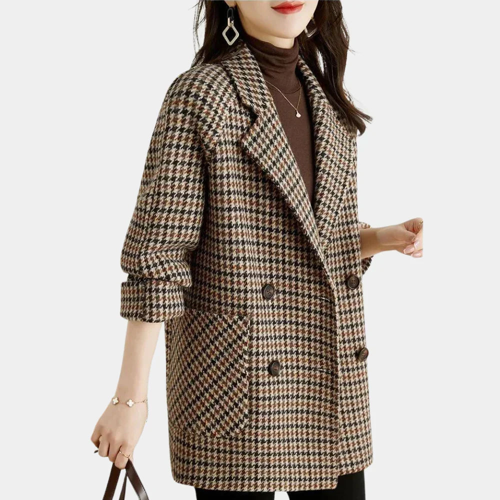 Women's Houndstooth Double-Breasted Blazer Hip-Length