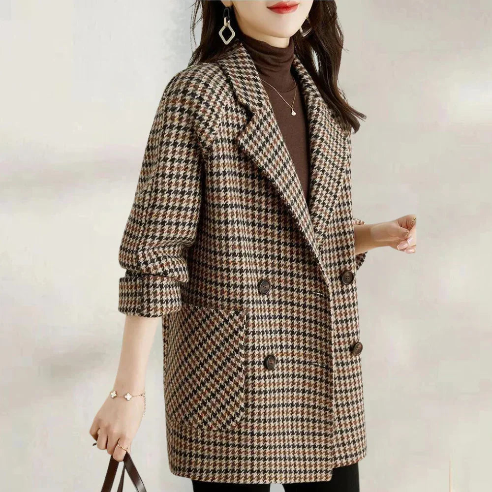 Women's Houndstooth Double-Breasted Blazer Hip-Length