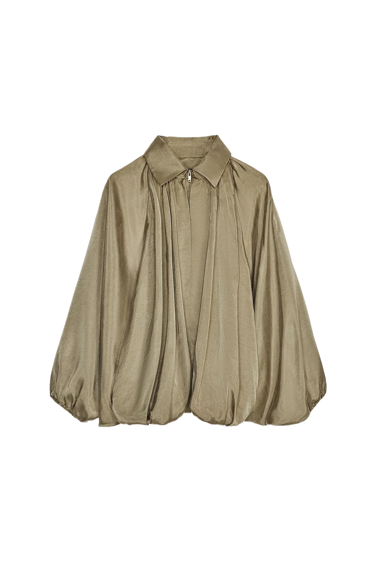Women's Relaxed Fit Draped Bomber Jacket with Gathered Balloon Hem and Pointed Collar – Lightweight Zip-Up Casual Outerwear with Voluminous Long Sleeves for Spring and Autumn Everyday Fashion