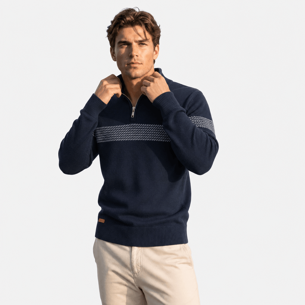 Elio Cotton Blend Striped Half Zip Sweater – Mock Neck Regular Fit Pullover