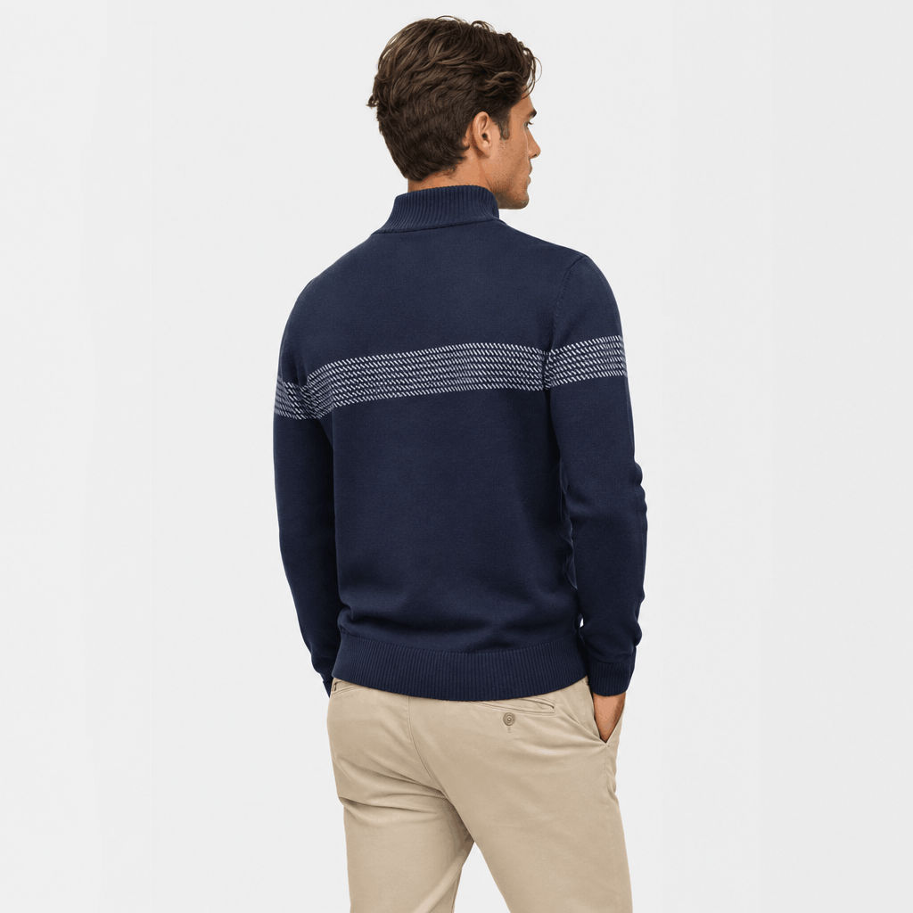 Elio Cotton Blend Striped Half Zip Sweater – Mock Neck Regular Fit Pullover