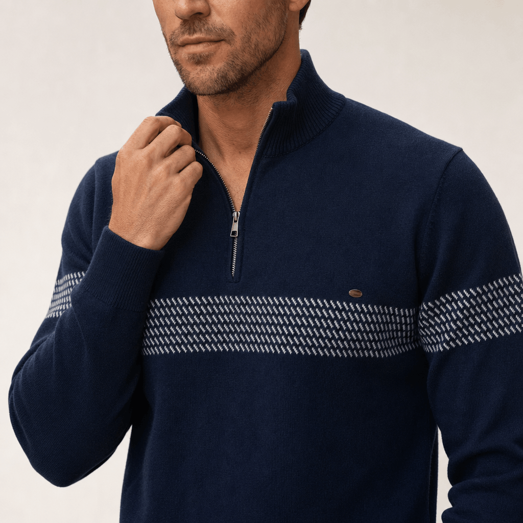 Elio Cotton Blend Striped Half Zip Sweater – Mock Neck Regular Fit Pullover