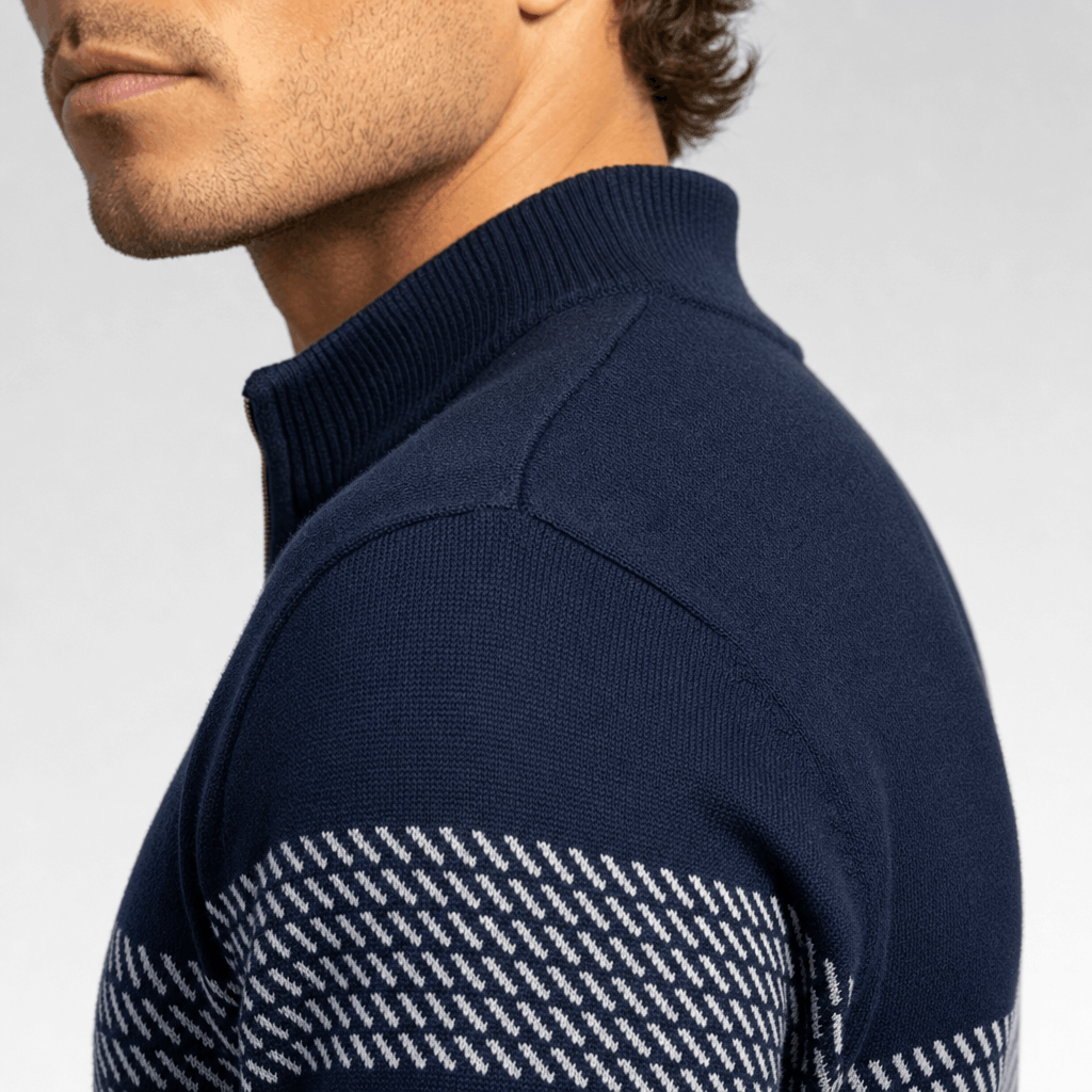 Elio Cotton Blend Striped Half Zip Sweater – Mock Neck Regular Fit Pullover