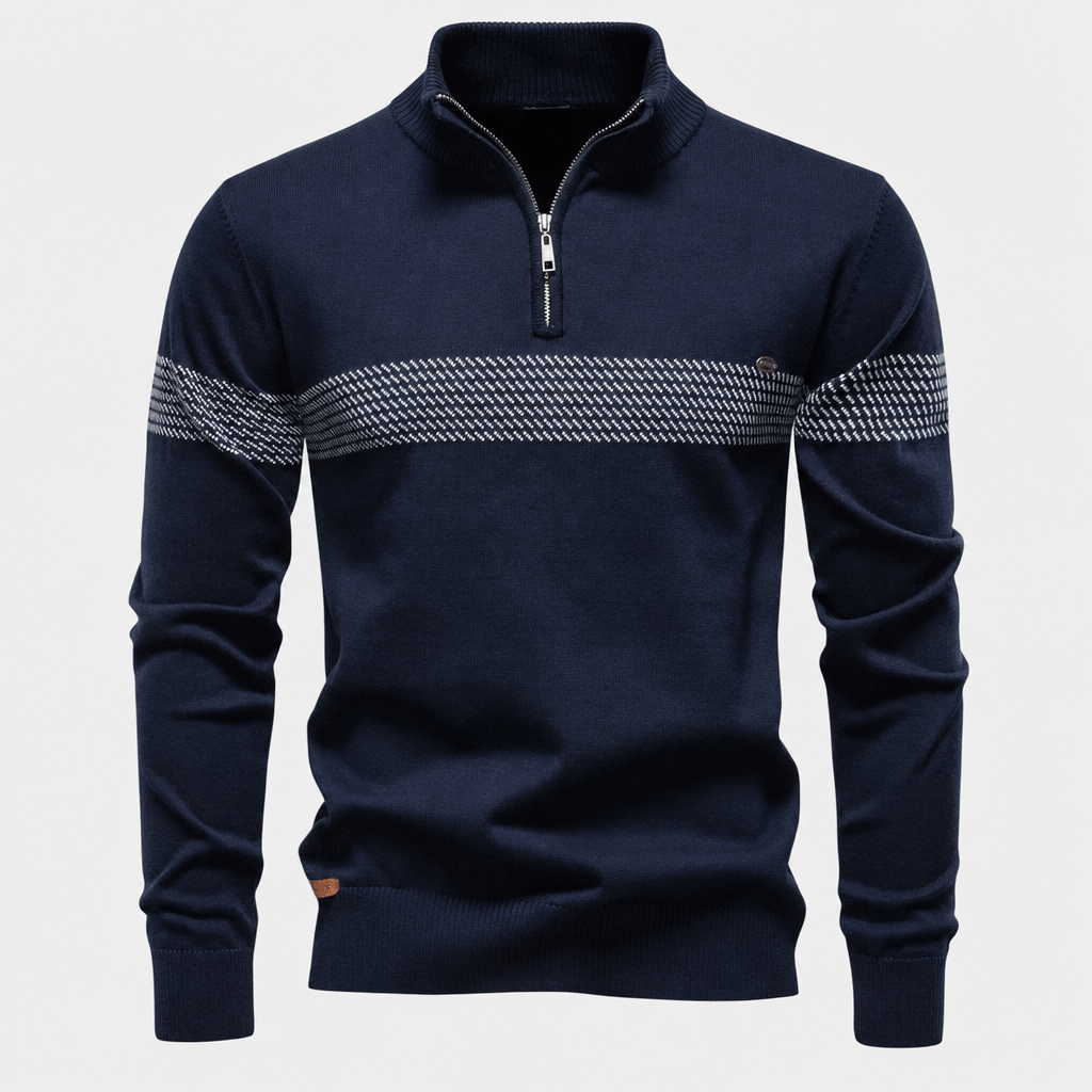 Elio Cotton Blend Striped Half Zip Sweater – Mock Neck Regular Fit Pullover