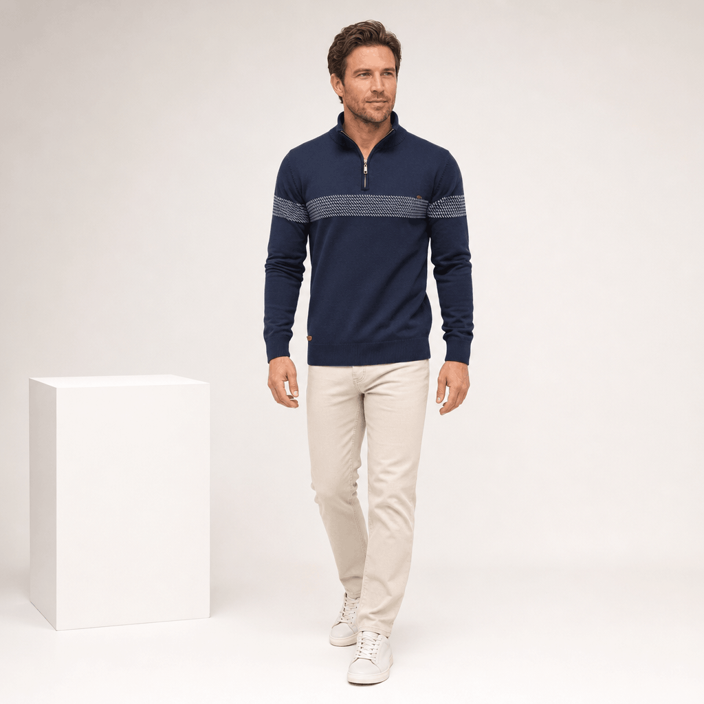 Elio Cotton Blend Striped Half Zip Sweater – Mock Neck Regular Fit Pullover