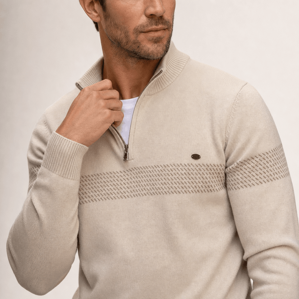 Elio Cotton Blend Striped Half Zip Sweater – Mock Neck Regular Fit Pullover