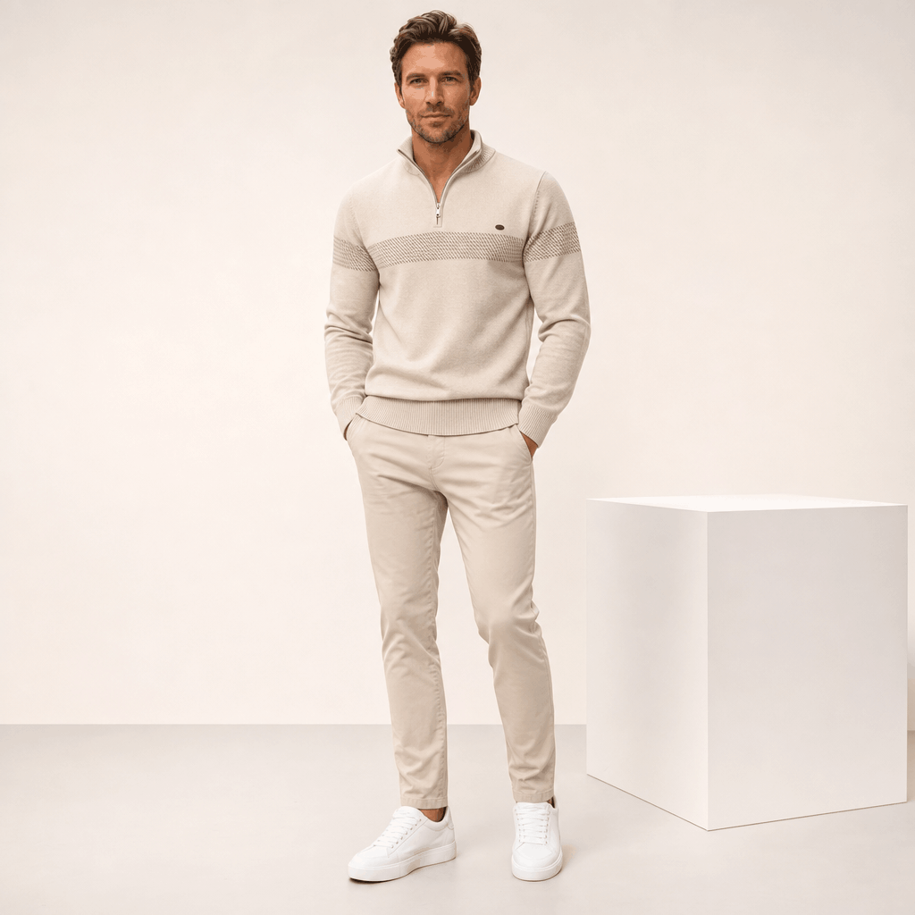 Elio Cotton Blend Striped Half Zip Sweater – Mock Neck Regular Fit Pullover