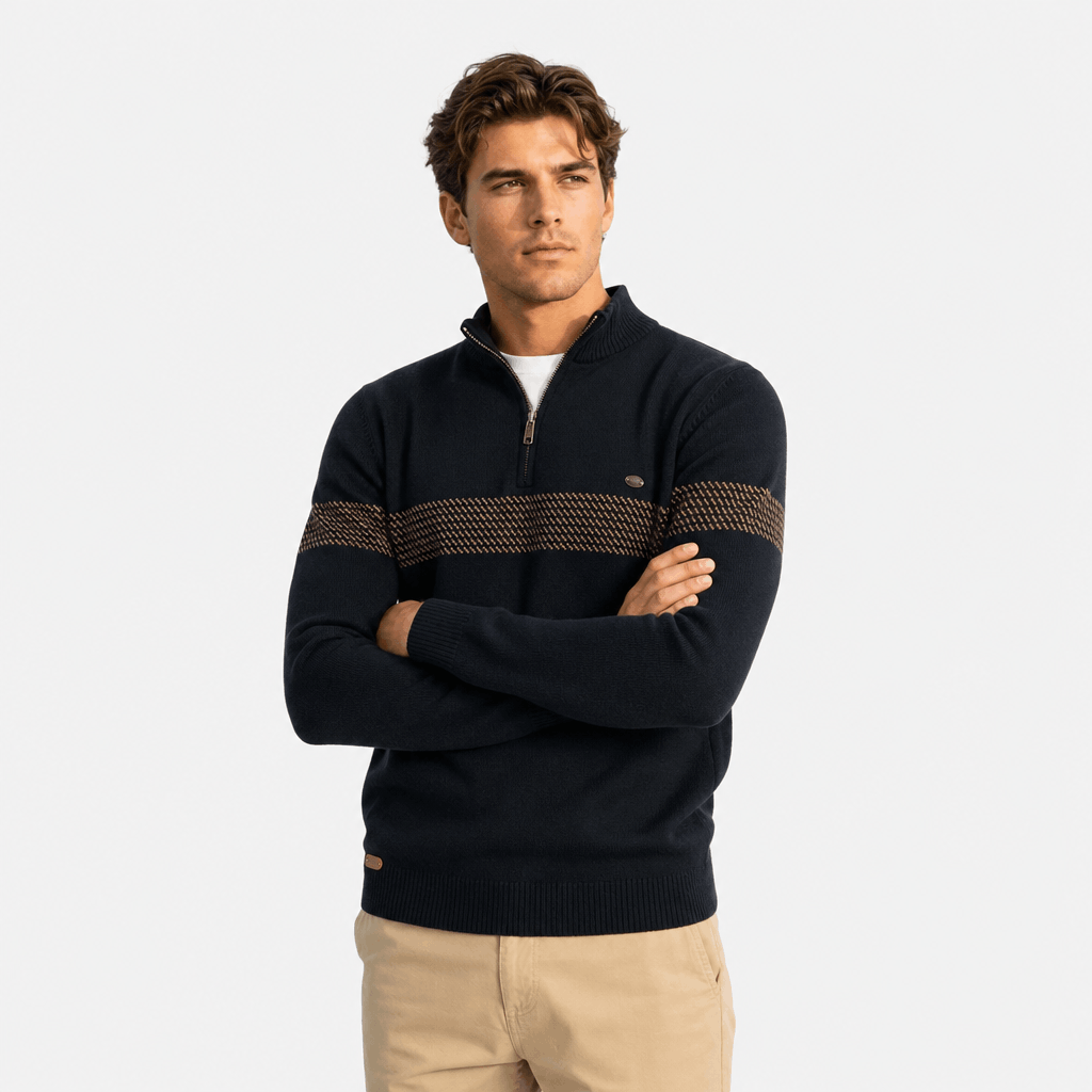 Elio Cotton Blend Striped Half Zip Sweater – Mock Neck Regular Fit Pullover