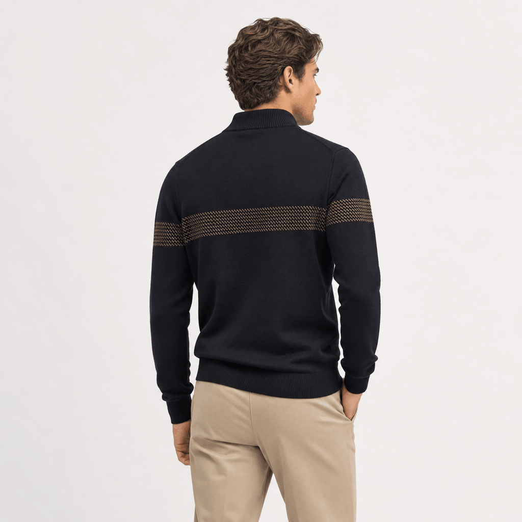 Elio Cotton Blend Striped Half Zip Sweater – Mock Neck Regular Fit Pullover