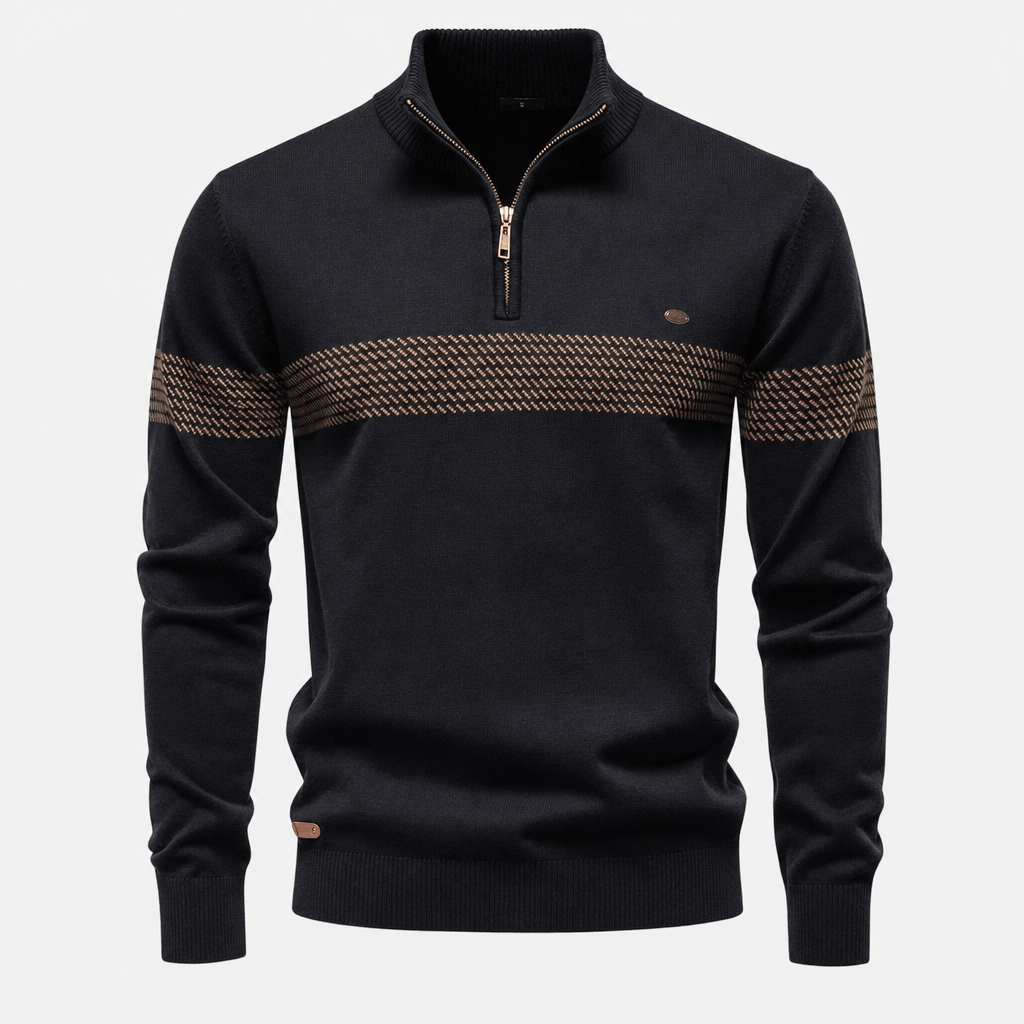 Elio Cotton Blend Striped Half Zip Sweater – Mock Neck Regular Fit Pullover