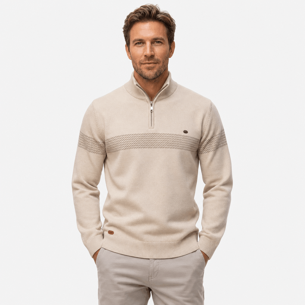 Elio Cotton Blend Striped Half Zip Sweater – Mock Neck Regular Fit Pullover