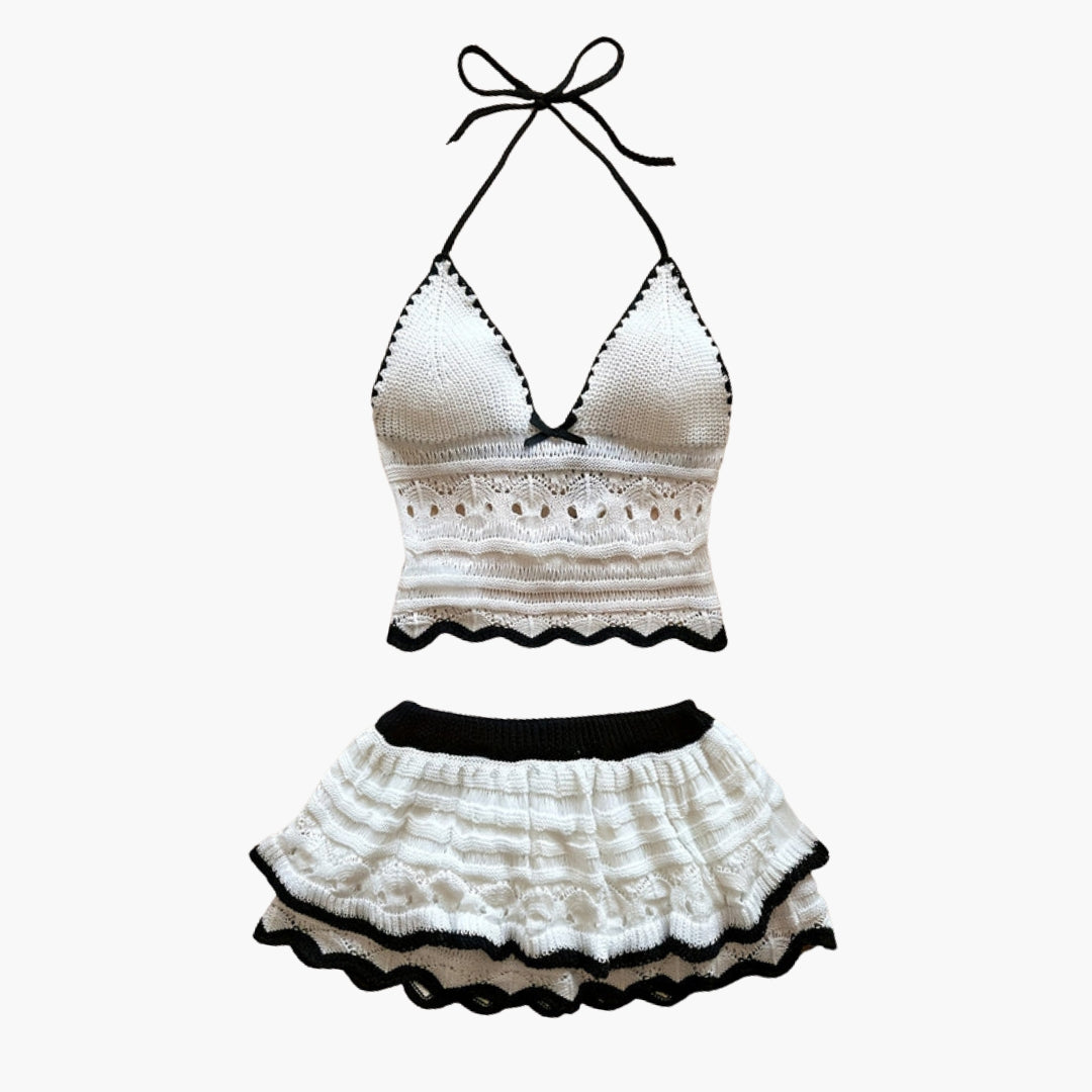 Women's Openwork Knit Halter Crop Top and Ruffled Mini Skirt Set – Textured Summer Co-Ord for Holidays and Beach Wear