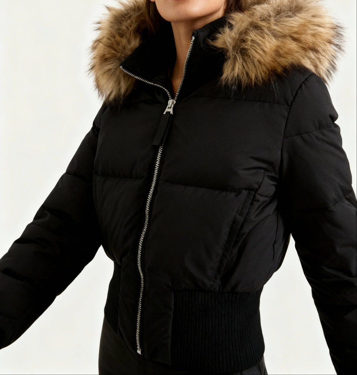 Women’s Quilted Bomber Jacket with Plush-Trimmed Hood and Zip Front – Fitted Short Winter Outerwear with Deep Ribbed Cuffs and Hem