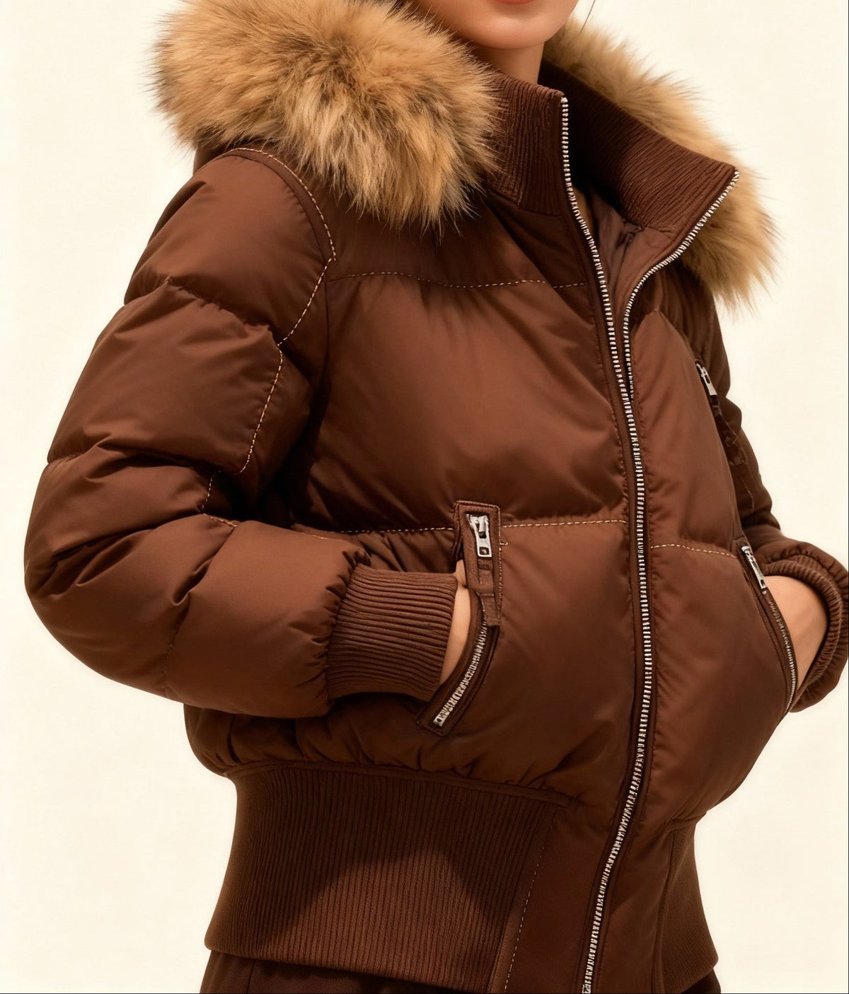 Women’s Quilted Bomber Jacket with Plush-Trimmed Hood and Zip Front – Fitted Short Winter Outerwear with Deep Ribbed Cuffs and Hem