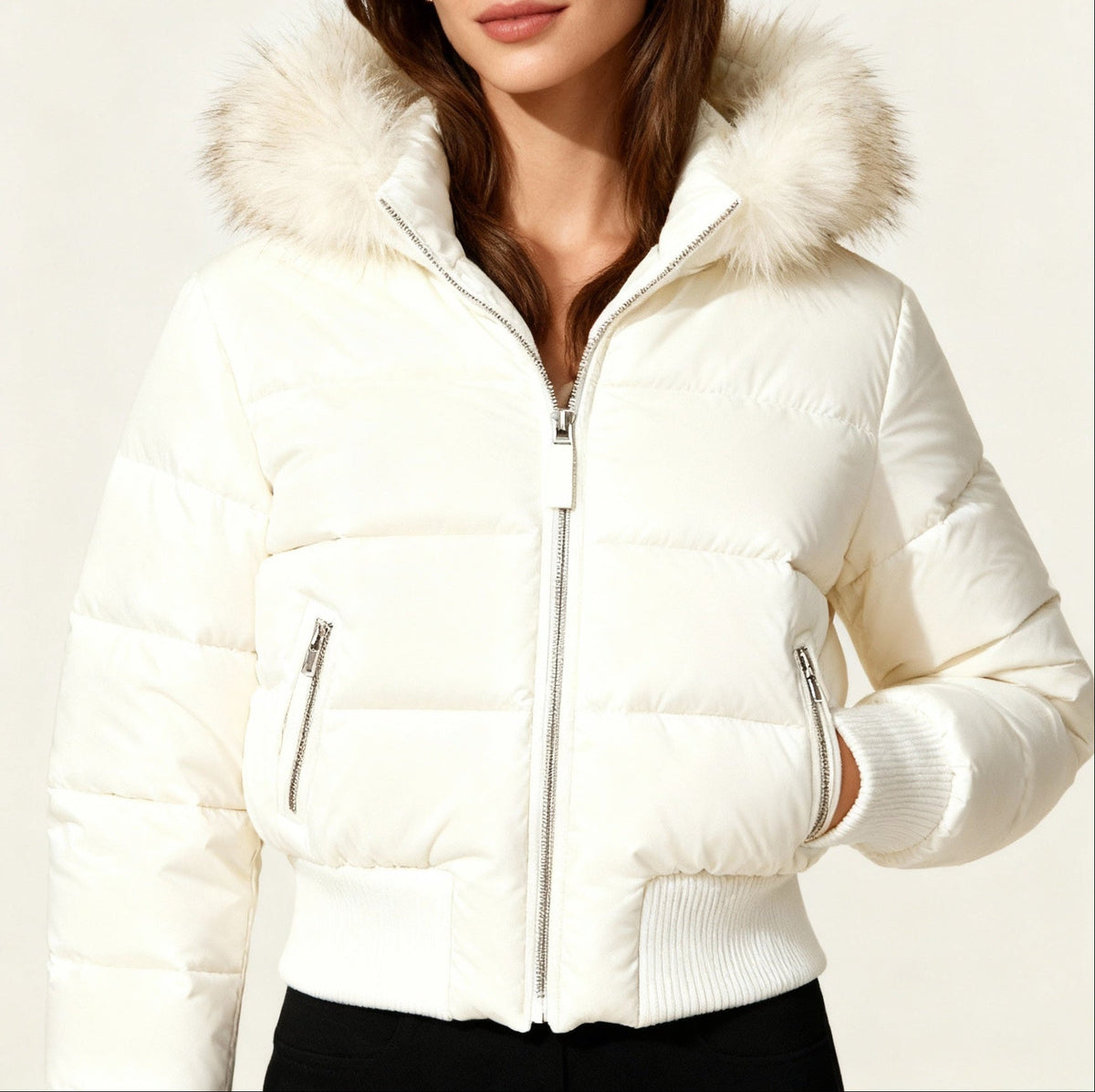 Women’s Quilted Bomber Jacket with Plush-Trimmed Hood and Zip Front – Fitted Short Winter Outerwear with Deep Ribbed Cuffs and Hem