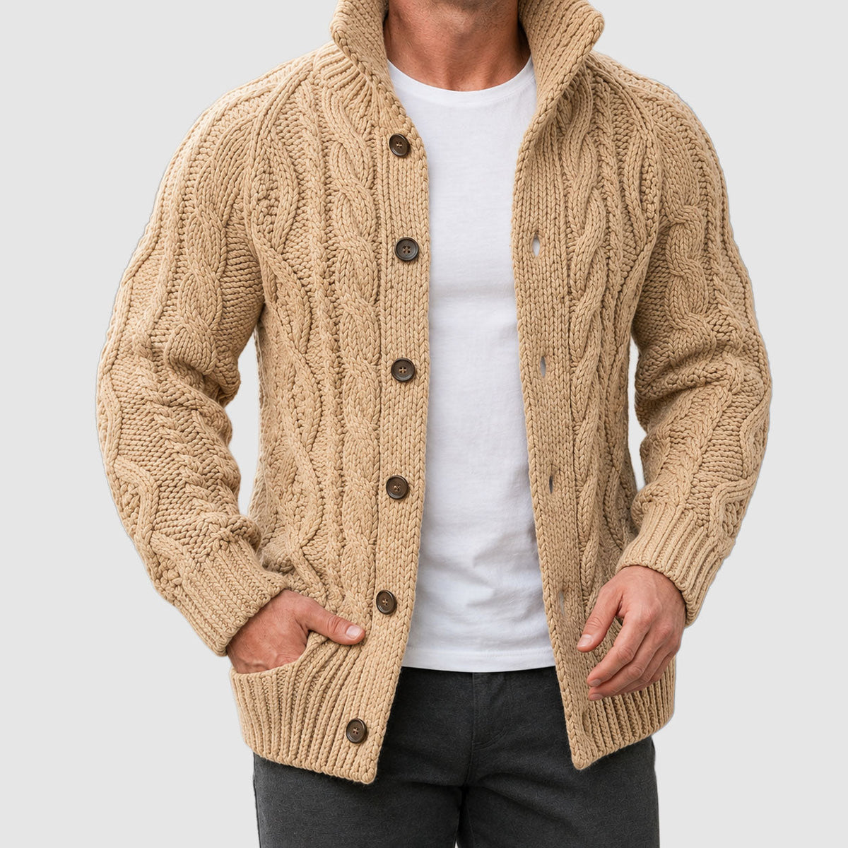 Finneas - Men's Cable Knit Cardigan with Shawl Collar