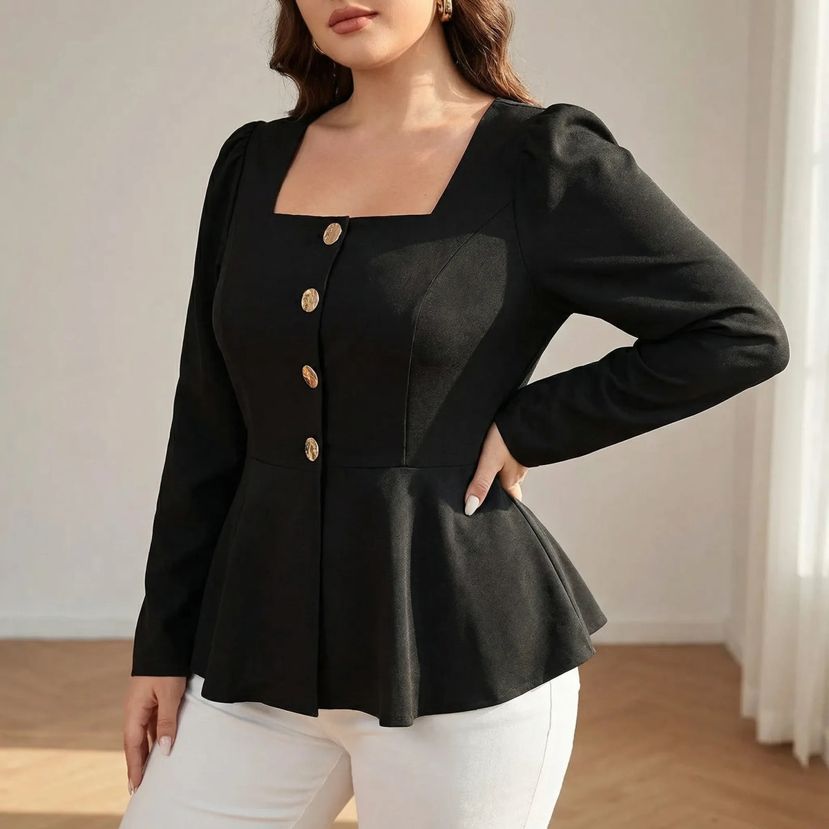 Women's Peplum Blouse with Square Neckline and Button Front