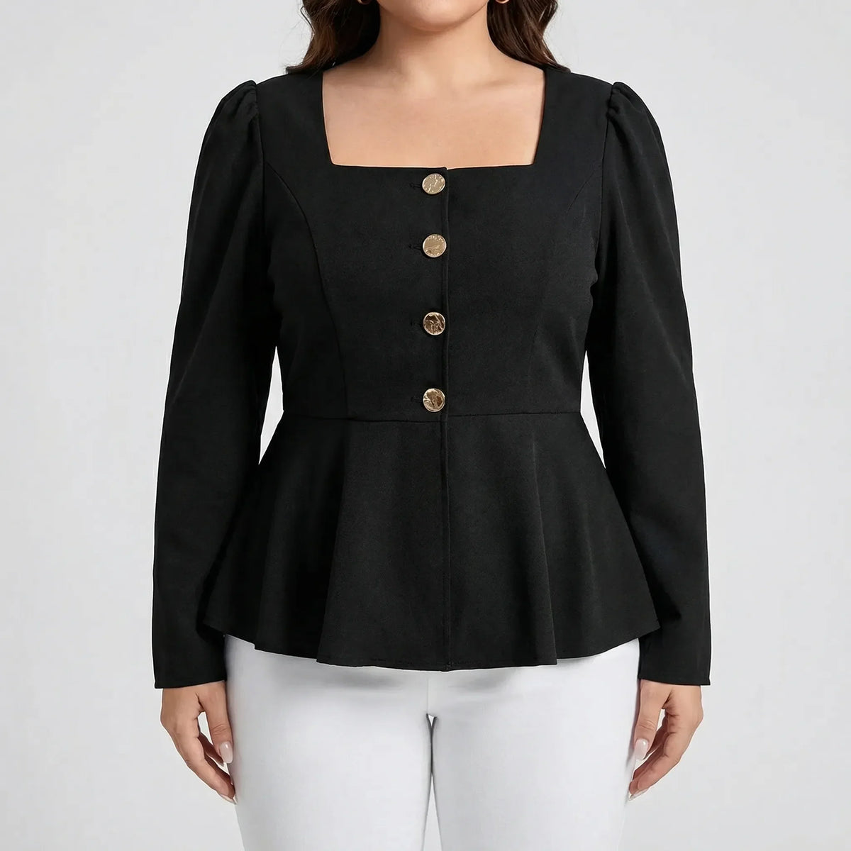 Women's Peplum Blouse with Square Neckline and Button Front
