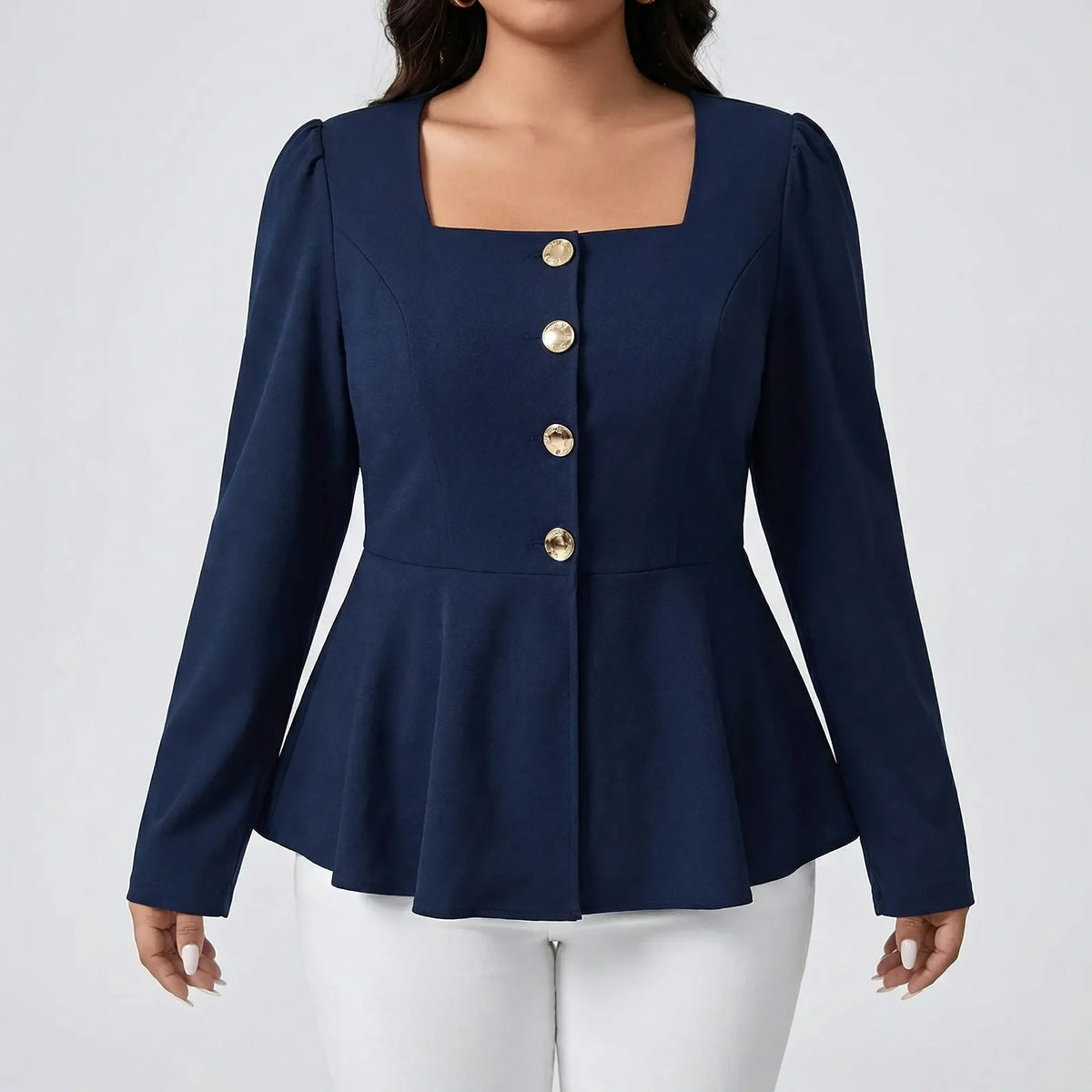 Women's Peplum Blouse with Square Neckline and Button Front