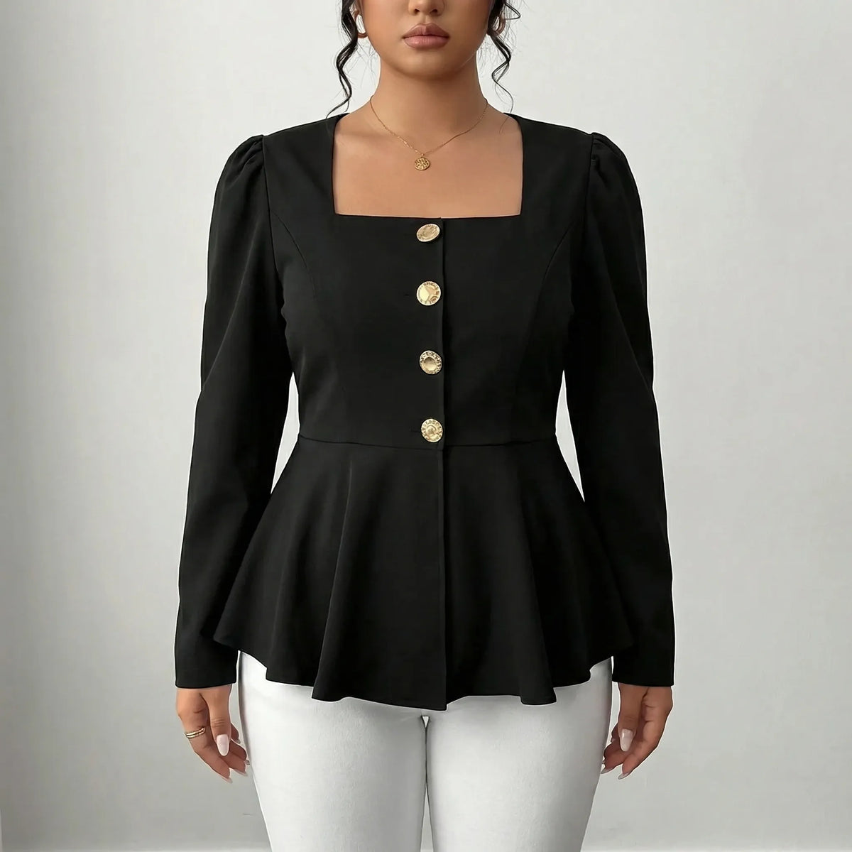 Women's Peplum Blouse with Square Neckline and Button Front