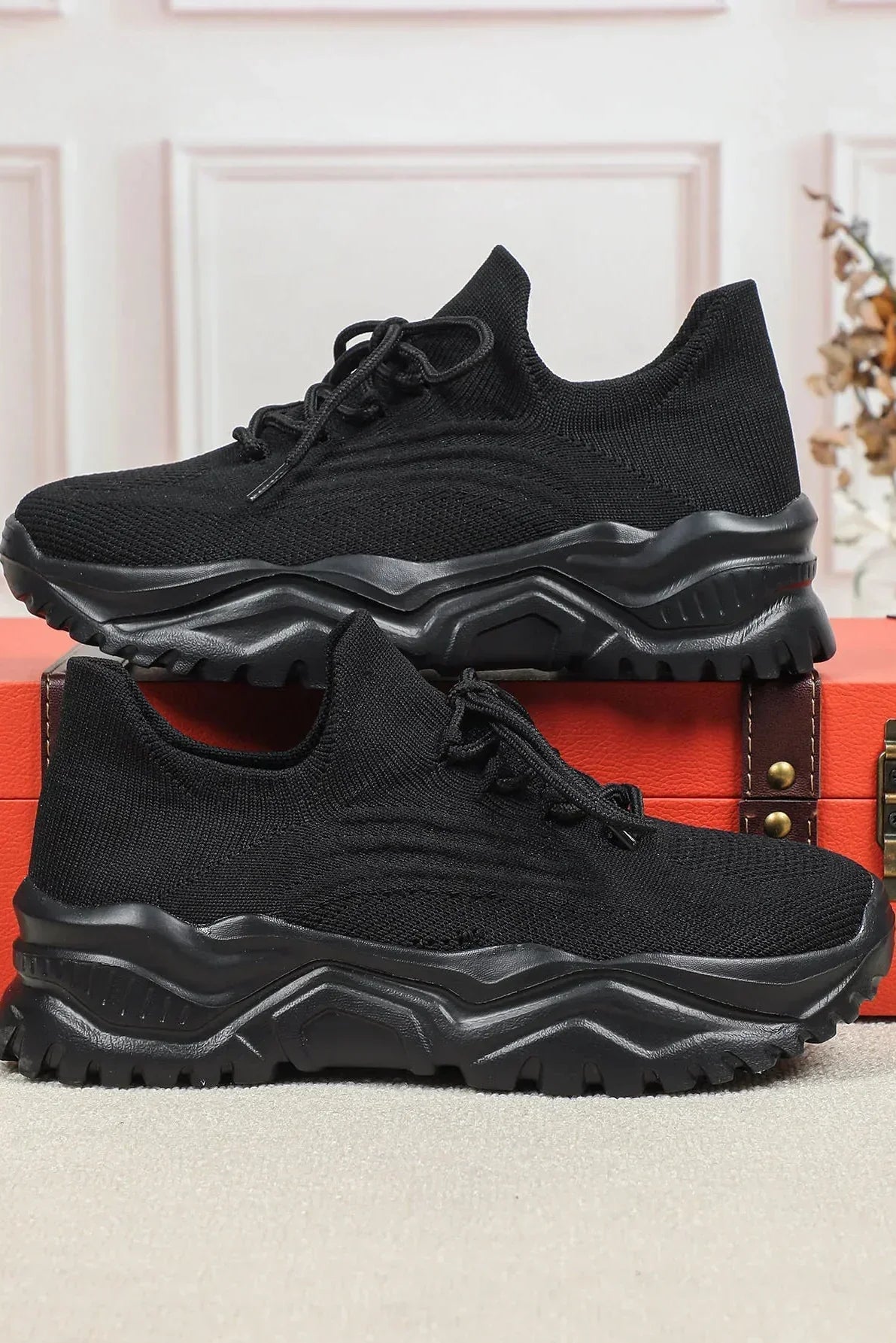Women's Knit Chunky Sole Trainers with Lace-Up Closure