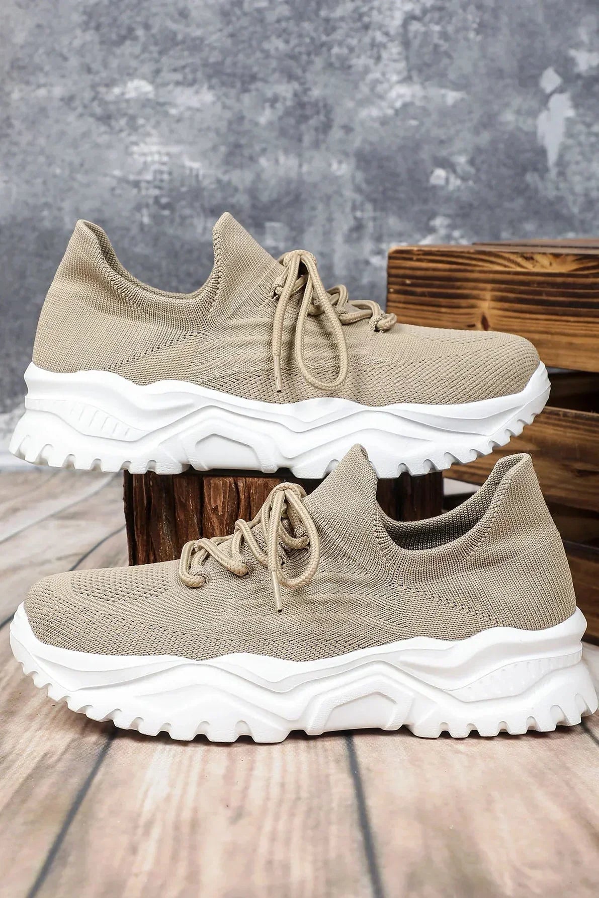 Women's Knit Chunky Sole Trainers with Lace-Up Closure