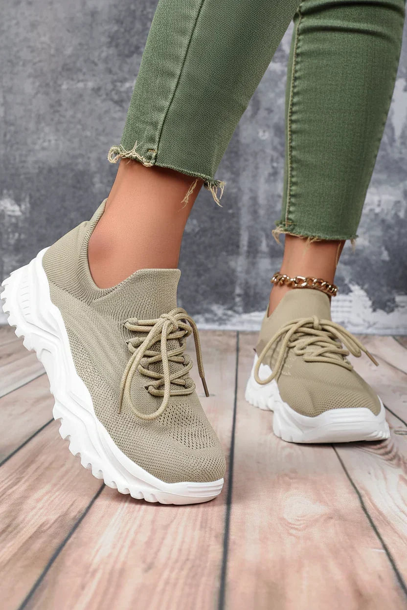 Women's Knit Chunky Sole Trainers with Lace-Up Closure