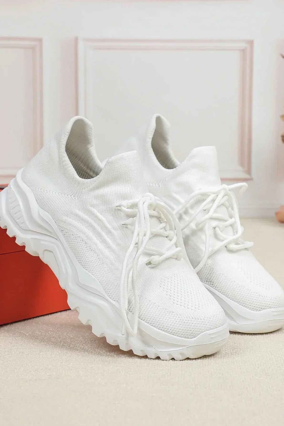 Women's Knit Chunky Sole Trainers with Lace-Up Closure