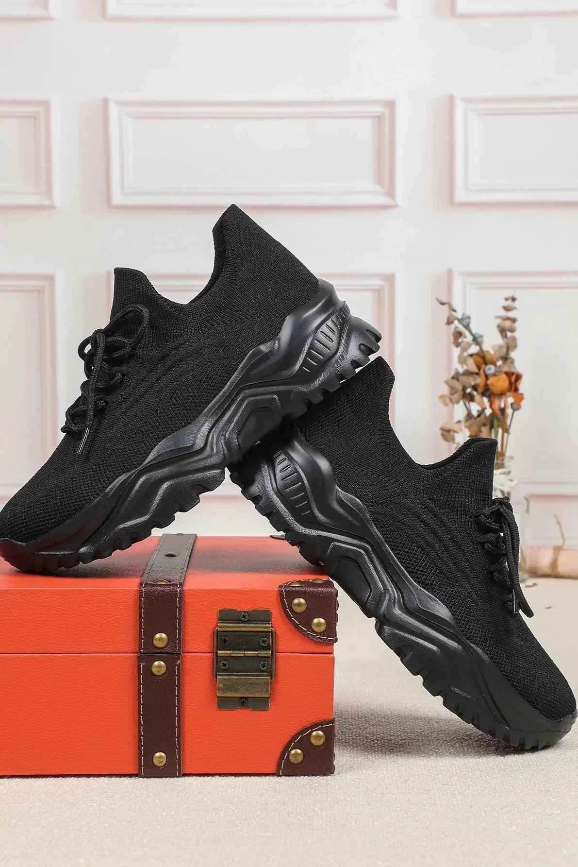 Women's Knit Chunky Sole Trainers with Lace-Up Closure