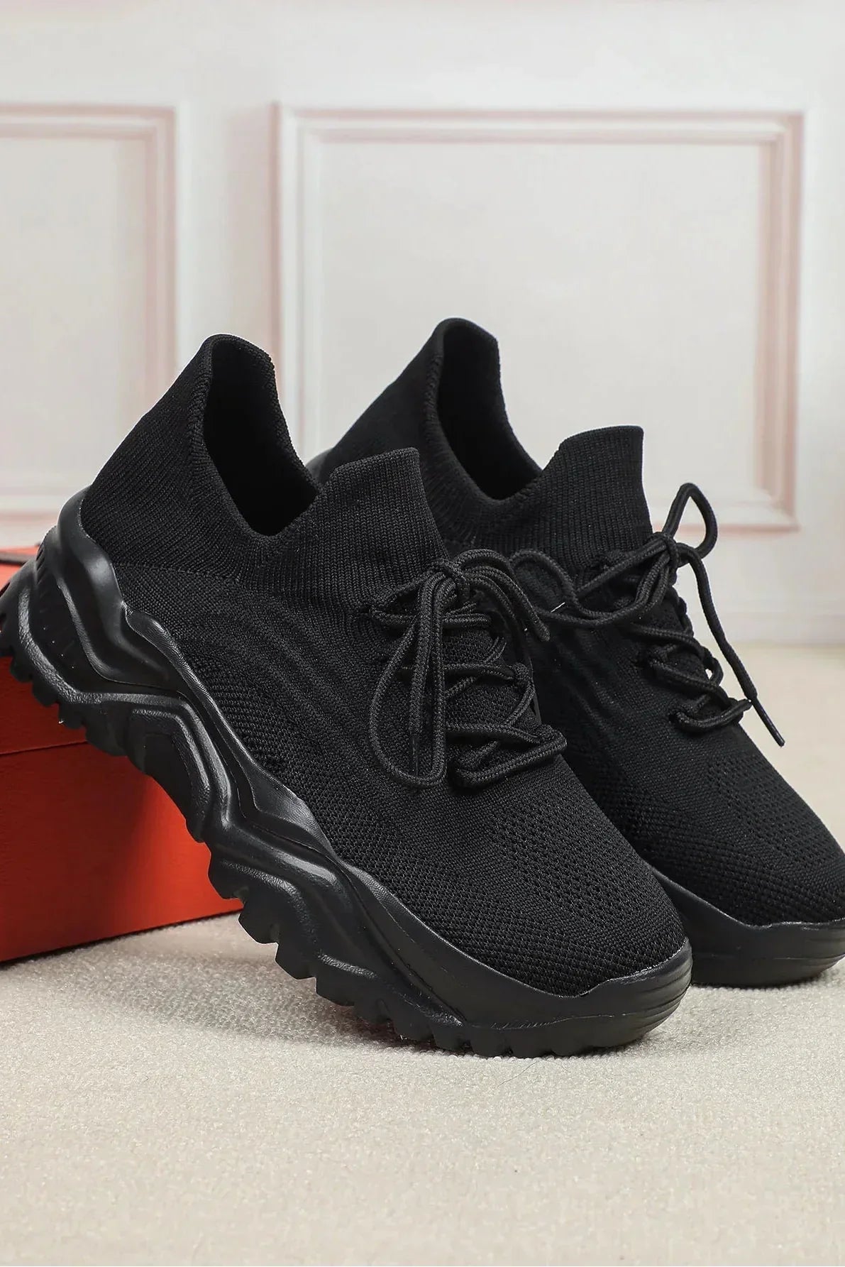 Women's Knit Chunky Sole Trainers with Lace-Up Closure