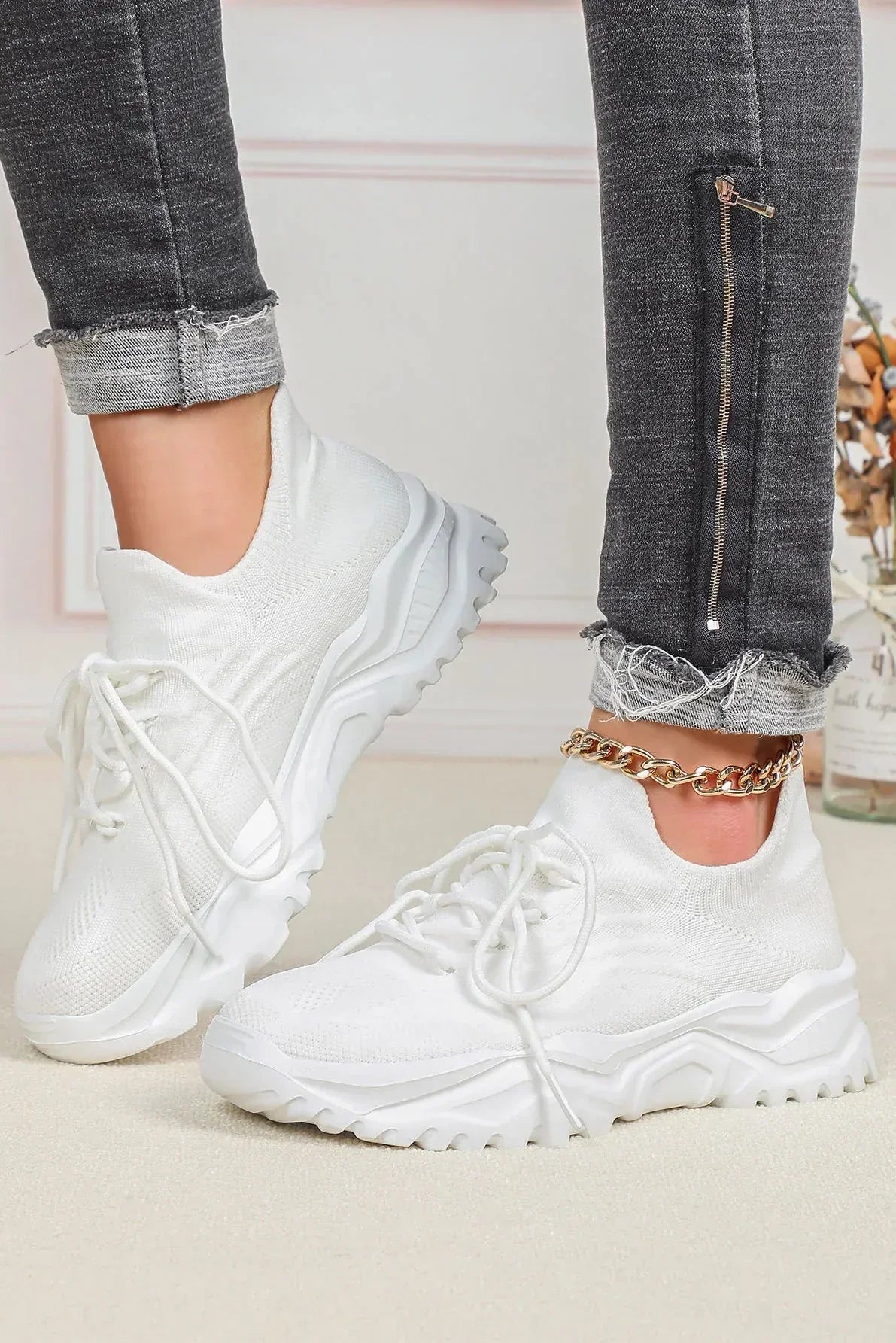 Women's Knit Chunky Sole Trainers with Lace-Up Closure