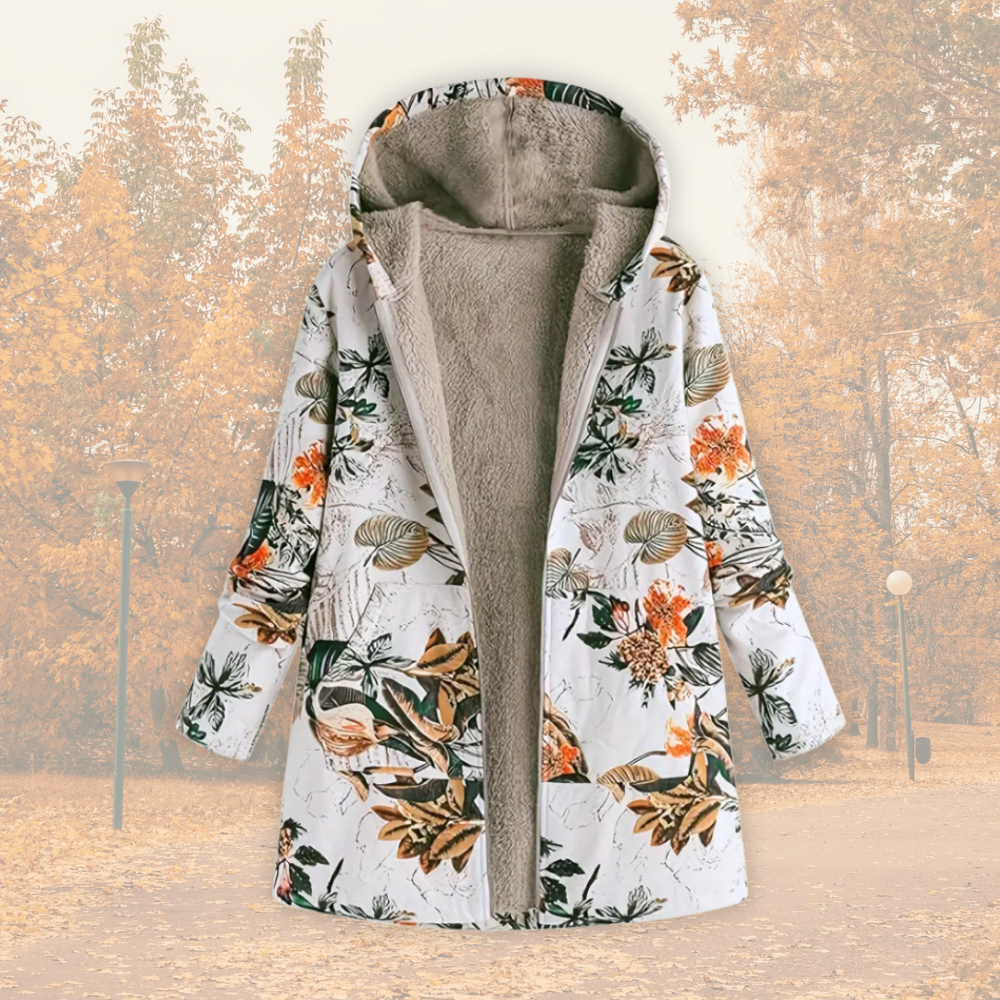 Women’s Floral Fleece-Lined Hooded Jacket with Zip Front – Relaxed Fit Winter Outerwear with Plush Lining and Pockets for Everyday Seasonal Layering
