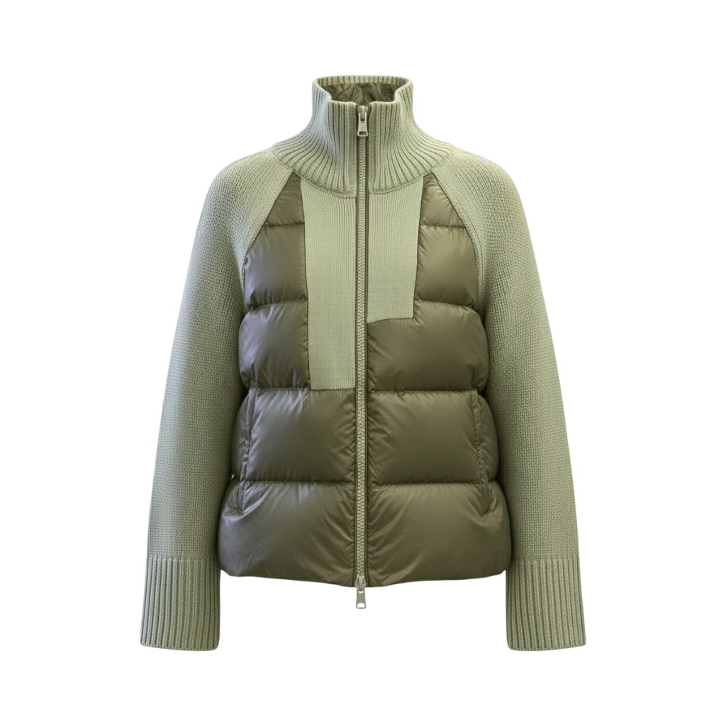 Women's Quilted Puffer Jacket with Knitted Sleeves – Padded Zip Front Winter Jacket with Ribbed High Neck Collar for Autumn and Winter
