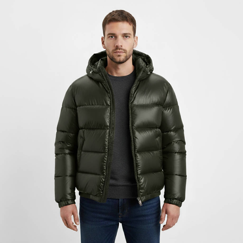 Men's Hooded Puffer Jacket | Glossy Finish Winter Coat