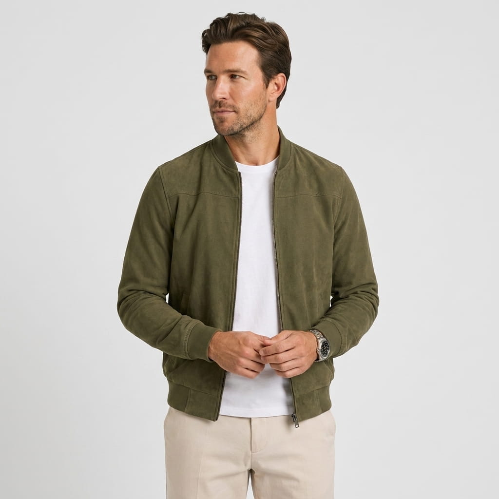 Luciano Suede-Look Bomber Jacket – Rib Collar Zip Front Welt Pocket Lightweight Tailored Overlayer