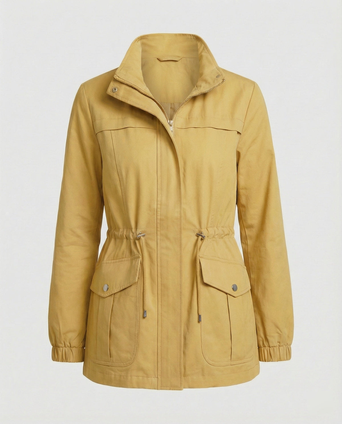 Women's Mid-Length Utility Jacket with Adjustable Drawstring Waist and High Stand Collar – Lightweight Zip-Up Casual Outerwear with Front Pockets for Spring and Autumn City Wear