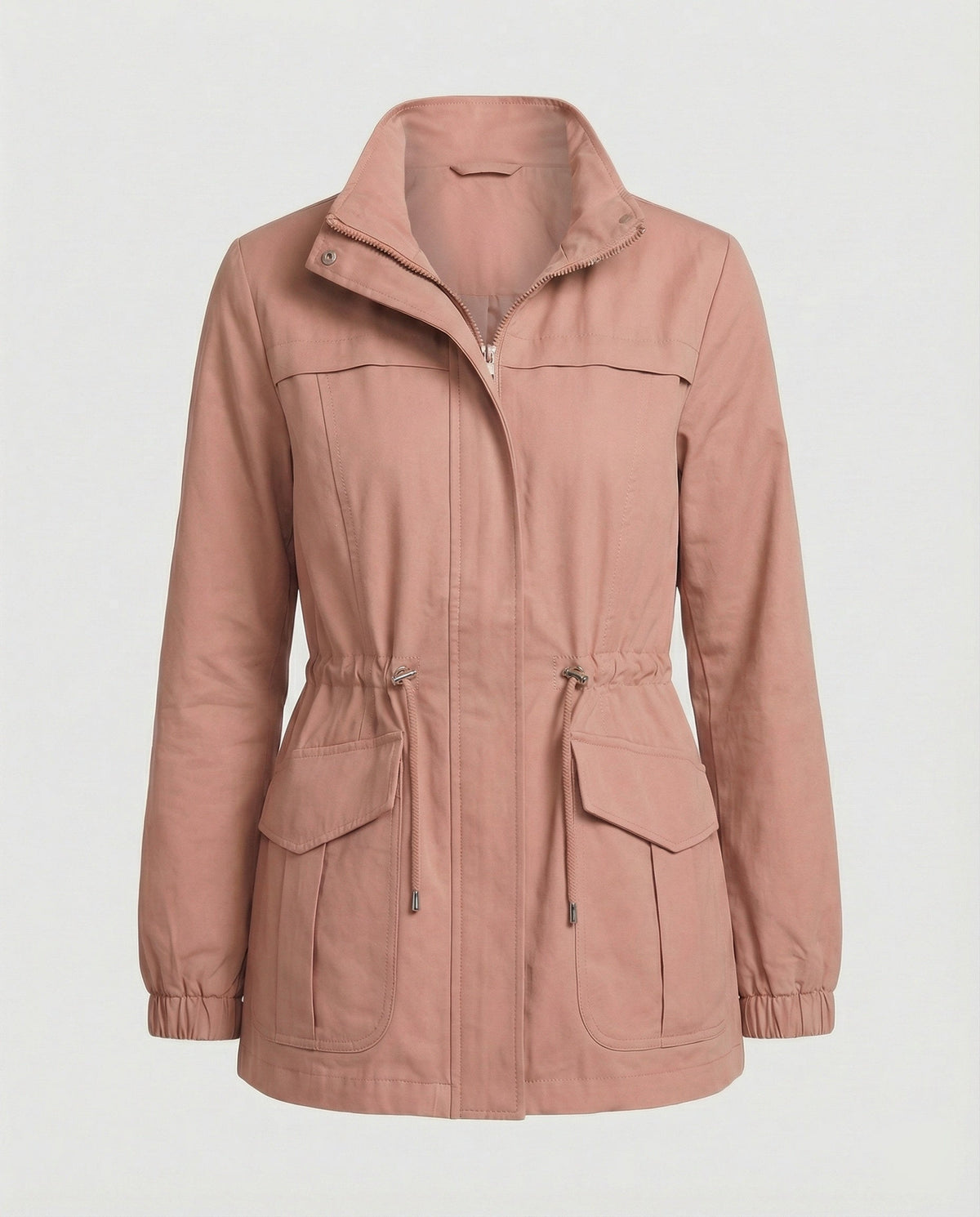 Women's Mid-Length Utility Jacket with Adjustable Drawstring Waist and High Stand Collar – Lightweight Zip-Up Casual Outerwear with Front Pockets for Spring and Autumn City Wear
